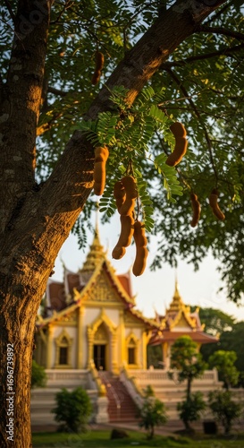 Wallpaper Mural Close up of tamarind fruit hanging from a tree branch with a traditional asian buddhist temple in the background. Travel. Torontodigital.ca