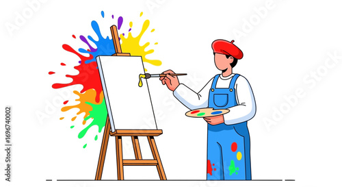 Artistic Creation Depicting Painting Process with Colorful Paint Splashes and Artist