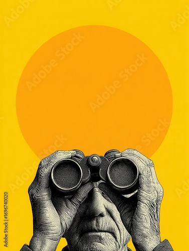 Engraved Style Portrait of Senior Man Using Binoculars Against a Bold Orange Sun and Yellow Background, Focus Vision Concept