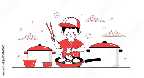 A Young Cook Preparing Dumplings, A Delightful Illustration For Your Culinary Projects