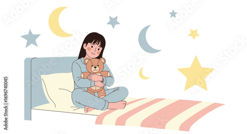 A Young Girl Embracing a Teddy Bear, Preparing For Bedtime Under a Celestial Sky