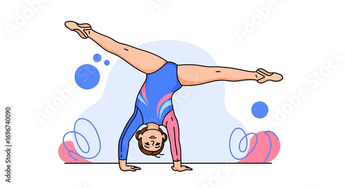 A Young Gymnast Performing a Handstand with Leg Splits Demonstrating Athleticism and Balance