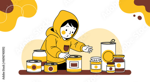 A Young Individual Interacts With Canned Goods And Preserved Foodstuffs, Illustration