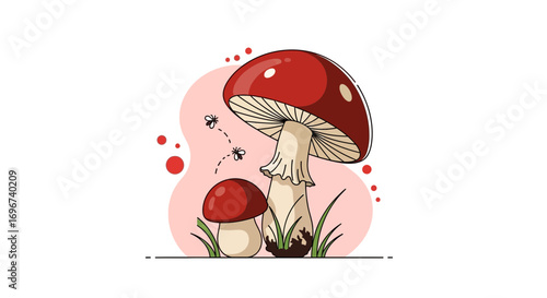 Artistic Mushrooms Illustration With Flies And Pink Background, Fun, Charming, Creative