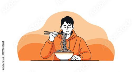 A Young Person Enjoying Noodles in A Bowl, Dining and Savouring Deliciousness