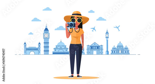A Young Woman Captures Tourist Vistas Across London, Sporting Stylish Sunglasses and Hat.