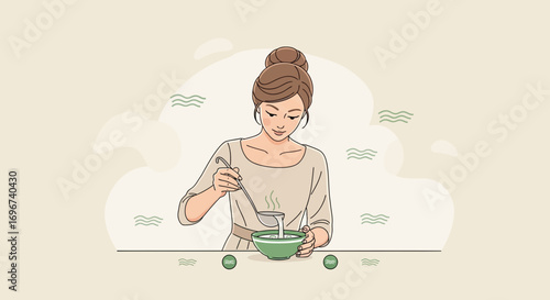 A Young Woman Carefully Adding Liquid From A Ladle Into A Green Bowl
