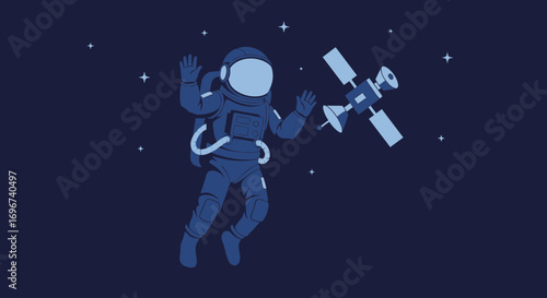 Astronaut Floating In The Cosmos Alongside Satellite, Representing Space Exploration