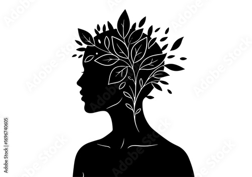 Elegant silhouette of woman with blooming foliage crown, embodying nature and growth