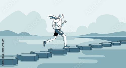 Athlete Ascending Stone Steps Symbolizing Obstacle Course Pursuit Of Achievement