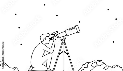 Curious stargazer explores the cosmos with a powerful telescope under a starry night sky.