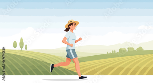 Active Female Jogging on Picturesque Countryside Path During Sunny Day
