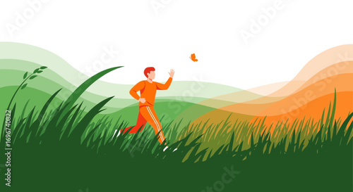 Active Figure Chasing Butterfly Across Beautiful Grassy Landscape On A Sunny Day