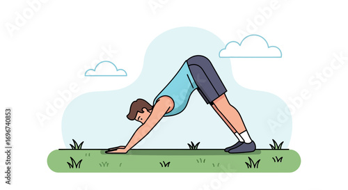 Active Illustration: Man Performing Downward-Facing Dog Pose Outdoors for Physical Well-being