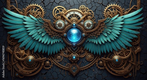 Wallpaper Mural Steampunk Ornate Wings With Glowing Gemstone Emblem Torontodigital.ca