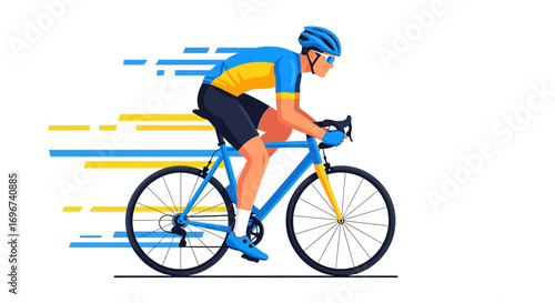 Athlete Cycling At High Velocity On Flat White Backdrop, Illustrative Art Style