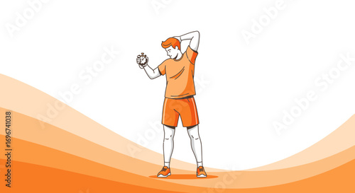Athlete Holding Stopwatch, Timing Progress, Fitness Concept, Orange Outfit, Minimalist Style