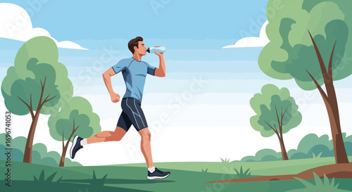 Athlete Hydrating Body During Jogging in a Sunny Skyed Green Park with Trees