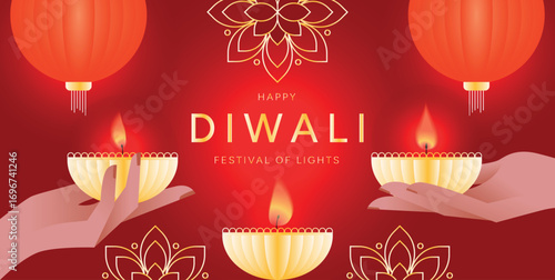 Happy Diwali Festival of Lights banner with hands holding traditional oil lamps, glowing diya flames, red lanterns and golden mandala ornaments. Vector illustration for greeting cards, posters, banner