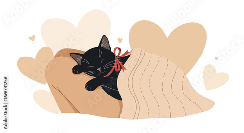 Adorable Black Kitten Snuggling in Peach Blanket with Hearts Illustration Design