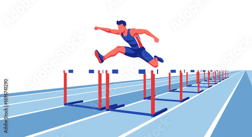 Athlete Overcoming Obstacles, Jumping Hurdles on a Race Track in Competition