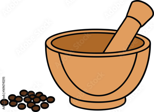 Hand drawn wooden mortar and pestle with black peppercorns kitchen spice grinding tool