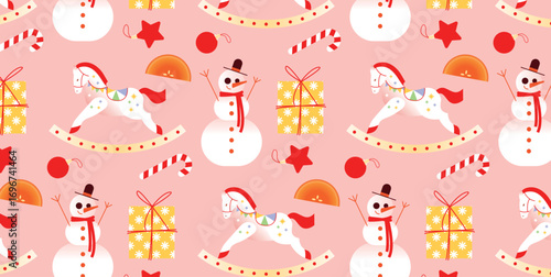 Christmas and New Year 2026 seamless festive pattern with rocking horse toys, snowmen, wrapped gift boxes, candy canes, baubles, orange slices, pink background. Vector flat holiday winter illustration