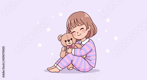 Adorable Child Cuddling Plush Toy, Happy Girl With Teddy Bear, Cozy Nights