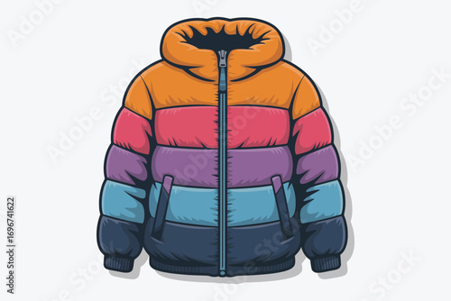 Vibrant multi-colored striped puffer jacket illustration, representing retro winter fashion and cozy outerwear