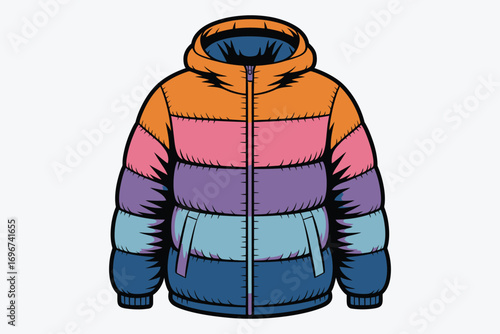A modern illustration of a vibrant retro puffer jacket, a stylish concept for winter fashion and cozy outerwear