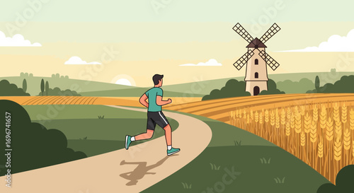 Athlete Running Along Rural Path Beside Farm Lands In Front Of A Classic Windmill