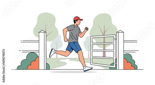 Athlete Running Through Park Gate: A Vibrant Illustration of Fitness and Nature Interaction