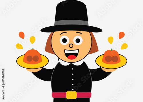 Cheerful cartoon pilgrim with thanksgiving feast offering seasonal food and fall leaves
