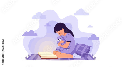 Adorable Girl Reading a Book While Holding a Stuffed Animal for Comfort and Calm