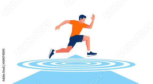Athlete Sprinting Over Abstract Shapes, Action Silhouette in Bright, Modern Illustration