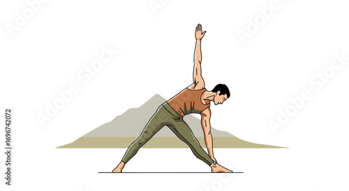 Athletic Male Performing Trikonasana Yoga Pose With Mountain Background, Simple Illustration Shape