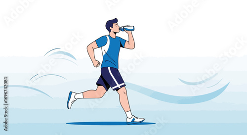 Athletic Man Hydrating While Jogging Outdoors for Health and Wellness, Running Illustration