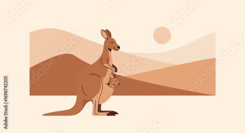 Australian Marsupial and Its Joey Standing in a Desert Landscape Graphic Illustration