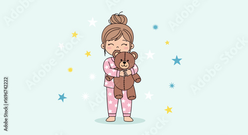 Adorable Young Girl Embraces Teddy Bear, Smiling with Happiness in Pastel Pajamas