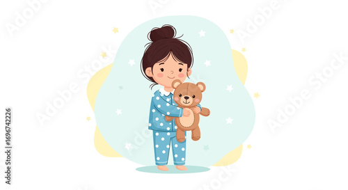 Adorable Young Girl in Pajamas Holding a Plush Teddy Bear Illustration