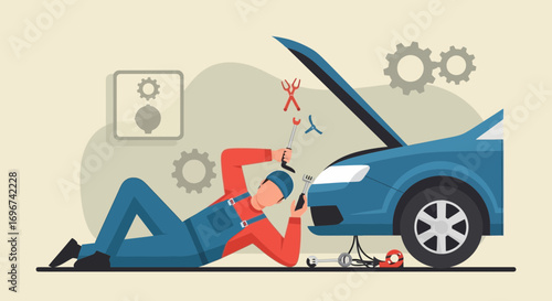 Automotive Engineer Inspects Vehicle in a Vector Illustration for Mechanical Repair