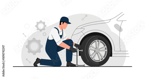 Automotive Mechanic Fixing Car Tire, Preparing Vehicle Roadworthiness, Car Maintenance Service