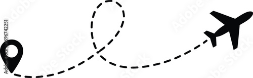 Airplane flight path with location pin symbolizing travel and journey