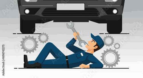 Automotive Mechanic Inspects Vehicle Underneath, Performing Repair And Maintenance Tasks