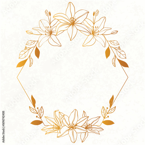 Elegant Summer time border frame. Golden Lily flowers Background Illustration. Garden line flowers frame.