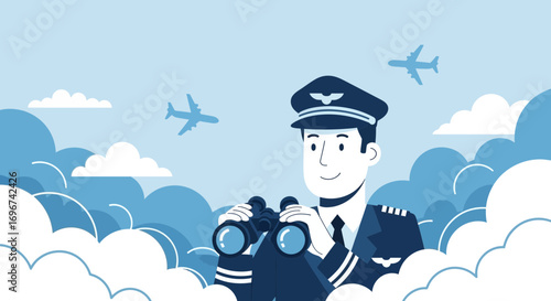 Aviator And Aircraft Skyward Gaze Depicting Flight And Exploring The Vastness Above