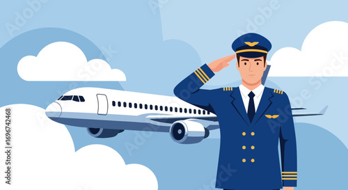 Aviator Saluting With Aircraft In The Skies, Professional Pilot Ready For Flight