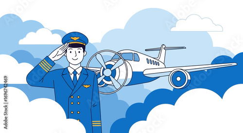 Aviator In Uniform Saluting In Front Of Airplane With Cloudy Atmospheric Background