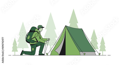 Backpacker Setting Up Tent For Overnight Wilderness Journey Amidst Coniferous Foliage