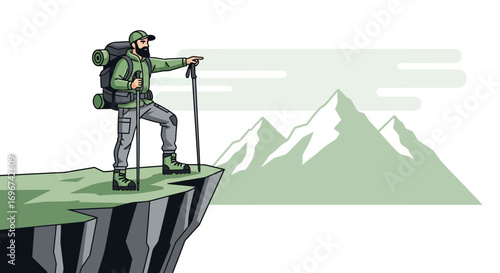 Adventurer Standing High On Cliffside, Contemplating Majestic Mountain Landscape